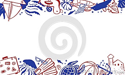 Rectangular frame template with sealife and beach objects on top and bottom. Vector outline hand drawn illustration red and blue Vector Illustration